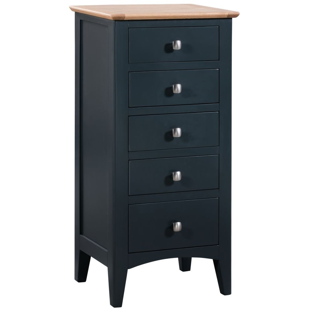 Lowell Blue and Oak Narrow Chest, 5 Drawers Tallboy - image 1