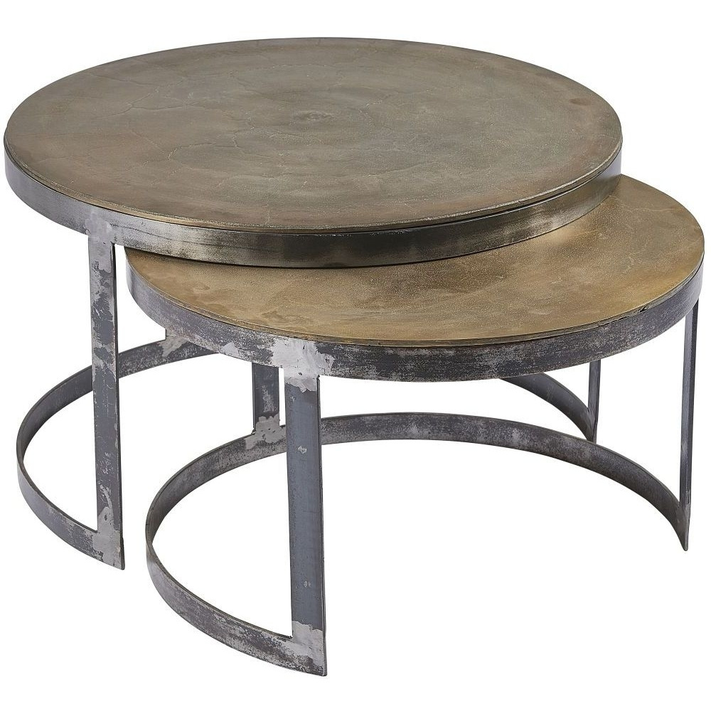 Ferro Antique Brass Metal Round Nest of 2 Coffee Table
