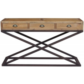 Renton Industrial Reclaimed Pine Console Table, 3 Storage Drawers with Cross X-Legs