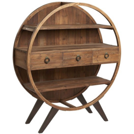 Hudson Bay Industrial Reclaimed Pine Round Display Cabinet with 3 Drawers and 2 Shelves