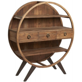 Renton Industrial Reclaimed Pine Round Display Cabinet with 3 Drawers and 2 Shelves