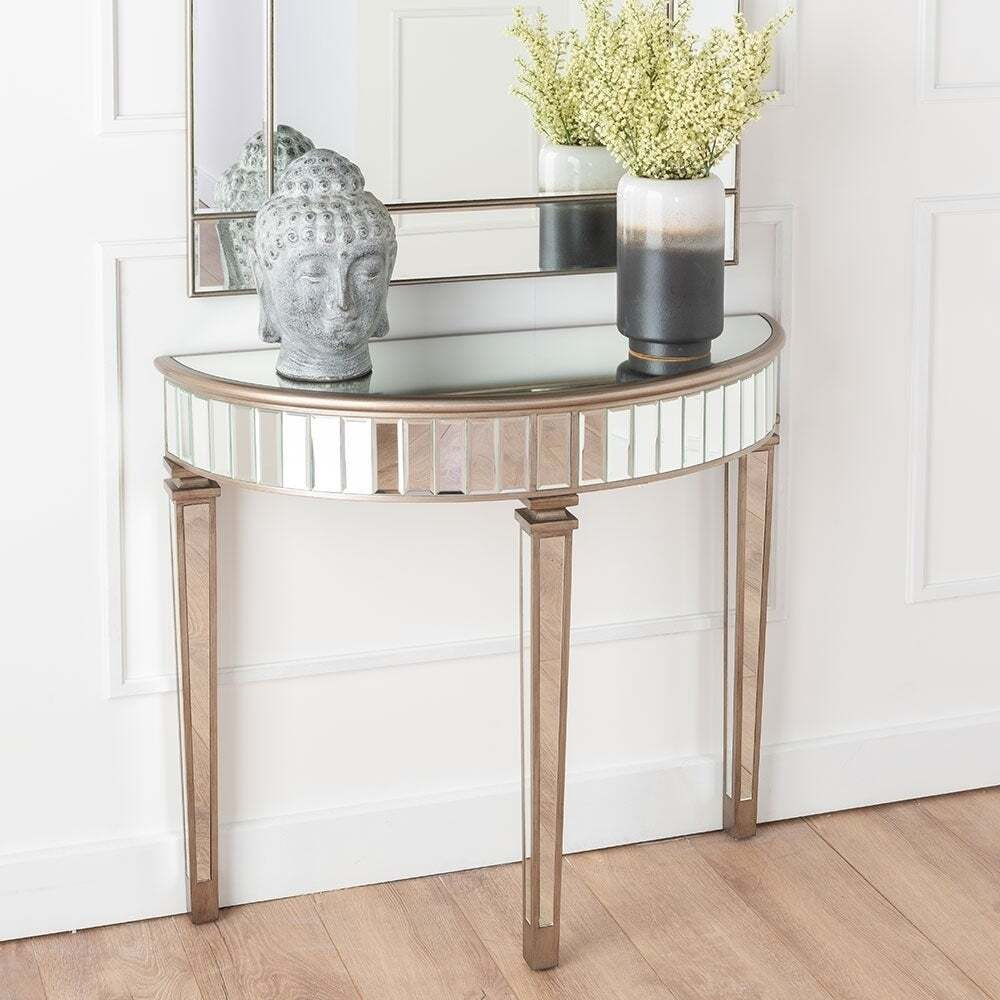 Antoinette Mirrored Half Moon Console Table with Champagne Trim - image 1