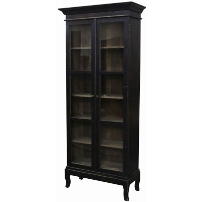 Renton Old Pine Black Glazed Display Cabinet, 2 Glass Doors - French Style