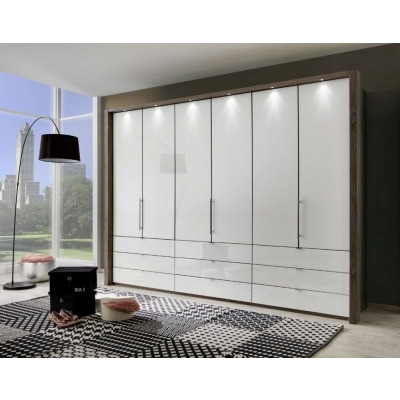 Loft 6 Door 9 Drawer Bi Fold Wardrobe in Oak and Pebble Grey Glass - W 300cm - image 1