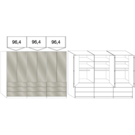 Loft 6 Door 9 Drawer Bi Fold Wardrobe in Oak and Pebble Grey Glass - W 300cm - thumbnail 2