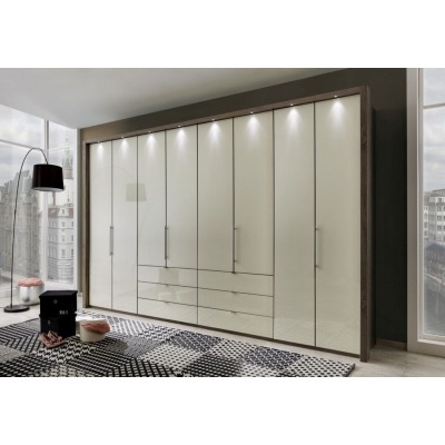 Loft 8 Door 6 Drawer Bi Fold Wardrobe in Oak and Magnolia Glass - W 400cm - image 1