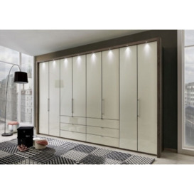 Loft 8 Door 6 Drawer Bi Fold Wardrobe in Oak and Magnolia Glass - W 400cm - thumbnail 1
