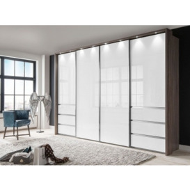 VIP Malibu 4 Door Sliding Wardrobe in Oak and White Glass - W 330cm