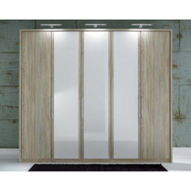 Berlin 5 Door Wardrobe in Oak and White Glass - W 250cm