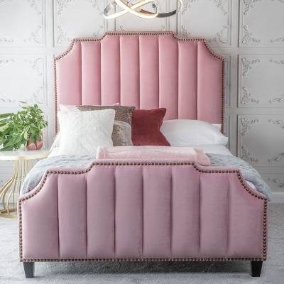 Art Deco Blush Pink Velvet Fabric Upholstered 5ft King Size Bed - image 1