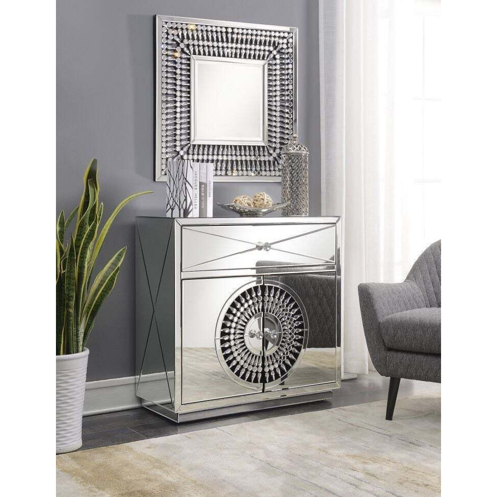 Crystal Mirrored 2 Door 1 Drawer Small Sideboard with Square Mirror