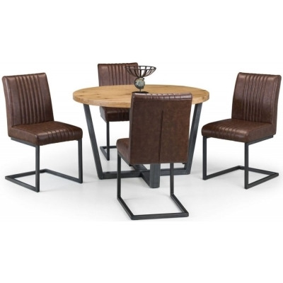 Brooklyn Rustic Oak 4 Seater Round Dining Table and 4 Brown Leather Chairs