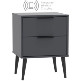 Hong Kong Graphite 2 Drawer Bedside Cabinet with Wooden Legs and Integrated Wireless Charging