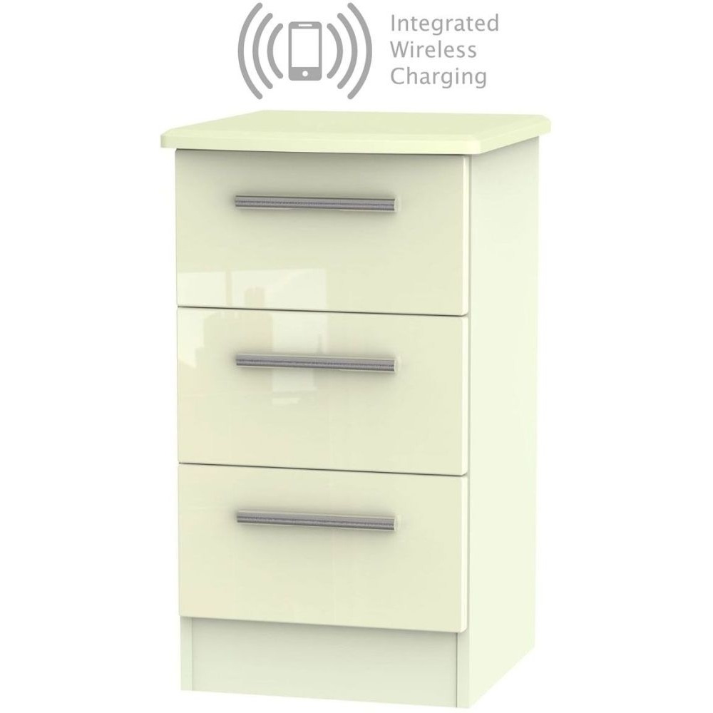 Knightsbridge High Gloss Cream 3 Drawer Bedside Cabinet with Integrated Wireless Charging