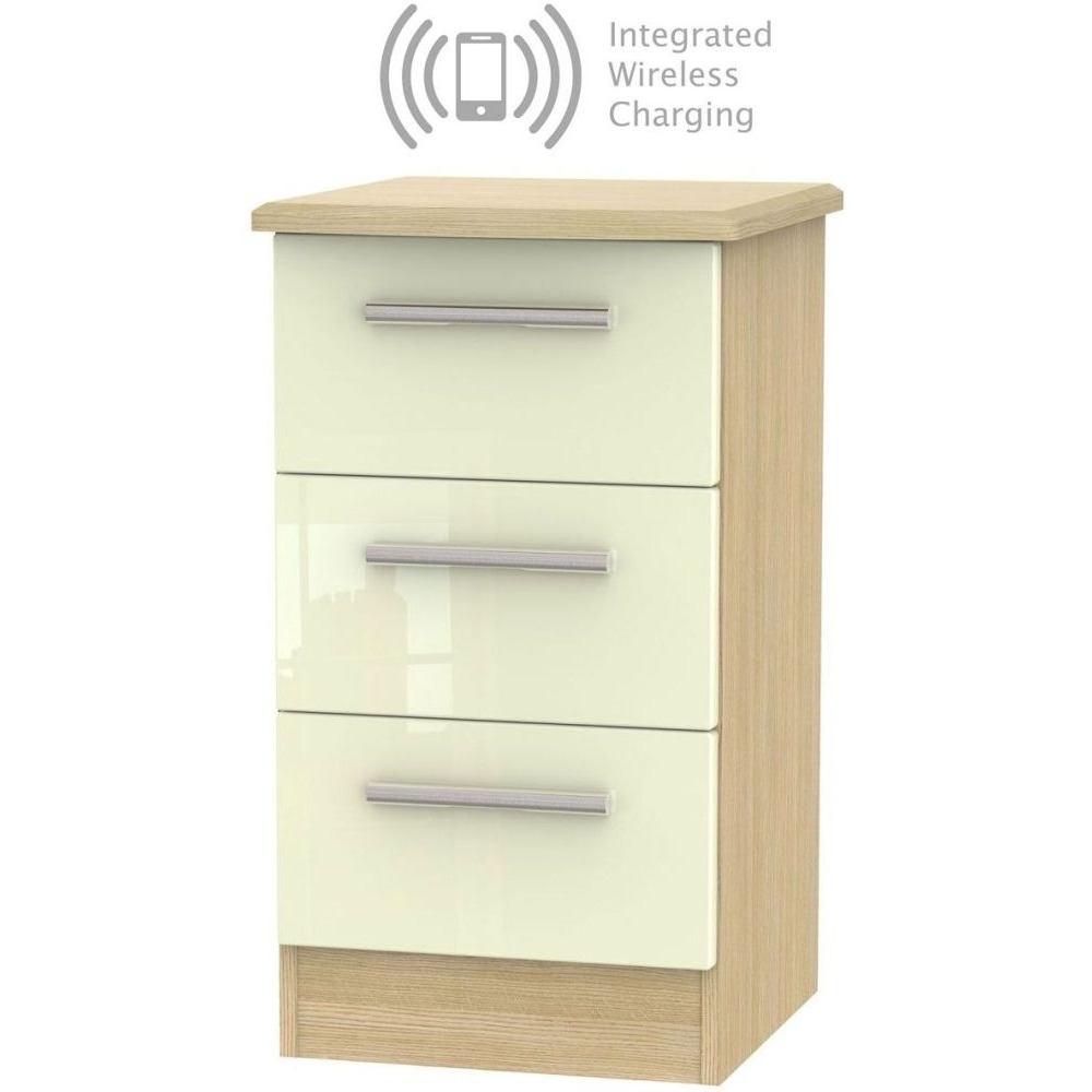 Knightsbridge 3 Drawer Bedside Cabinet with Integrated Wireless Charging - High Gloss Cream and Light Oak