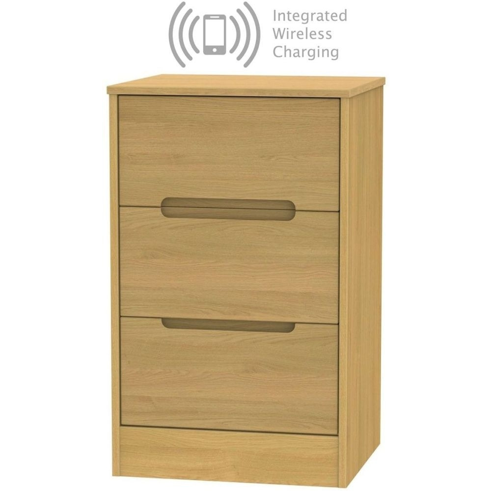 Monaco Modern Oak 3 Drawer Bedside Cabinet with Integrated Wireless Charging