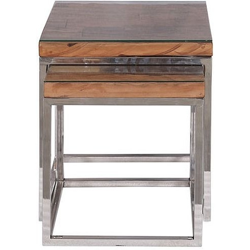 Indus Valley Railway Sleeper Industrial Glass Top Nest of 2 Tables - Reclaimed Wood and Stainless Steel - image 1