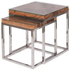 Indus Valley Railway Sleeper Industrial Glass Top Nest of 2 Tables - Reclaimed Wood and Stainless Steel - thumbnail 3