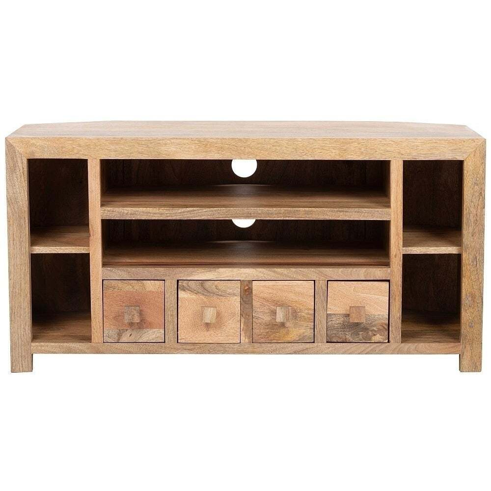 Clearance - Dakota Mango Wood Corner TV Unit, Indian Light Natural Rustic Finish, Medium Cabinet 110cm, Stand Upto 43in Plasma TV - image 1