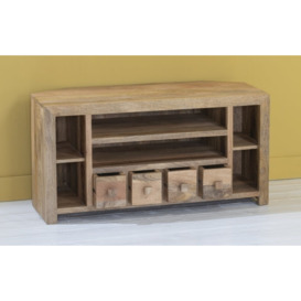 Clearance - Dakota Mango Wood Corner TV Unit, Indian Light Natural Rustic Finish, Medium Cabinet 110cm, Stand Upto 43in Plasma TV - thumbnail 2