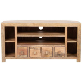 Clearance - Dakota Mango Wood Corner TV Unit, Indian Light Natural Rustic Finish, Medium Cabinet 110cm, Stand Upto 43in Plasma TV - thumbnail 1