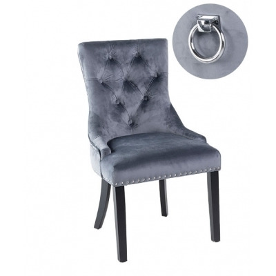 Knocker Back Grey Dining Chair, Tufted Velvet Fabric Upholstered with Black Wooden Legs - image 1