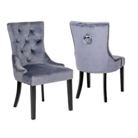 Knocker Back Grey Dining Chair, Tufted Velvet Fabric Upholstered with Black Wooden Legs - thumbnail 3