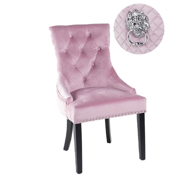 Lion Knocker Back Pink Dining Chair, Tufted Velvet Fabric Upholstered with Black Wooden Legs - image 1