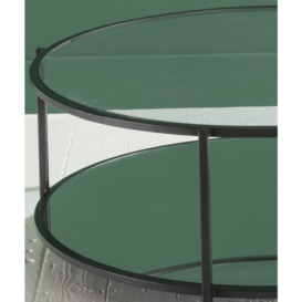 Clearance - Hyde Black Metal Coffee Table, Round Clear Glass Top with Mirrored Bottom Shelf - thumbnail 2