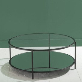 Clearance - Hyde Black Metal Coffee Table, Round Clear Glass Top with Mirrored Bottom Shelf - thumbnail 3