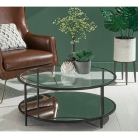 Clearance - Hyde Black Metal Coffee Table, Round Clear Glass Top with Mirrored Bottom Shelf