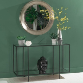 Clearance - Hyde Black Metal Console Table, Clear Glass Top with Mirrored Bottom Shelf