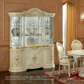 Camel Leonardo Day Ivory High Gloss and Gold Italian 4 Glass Door China Cabinet with LED