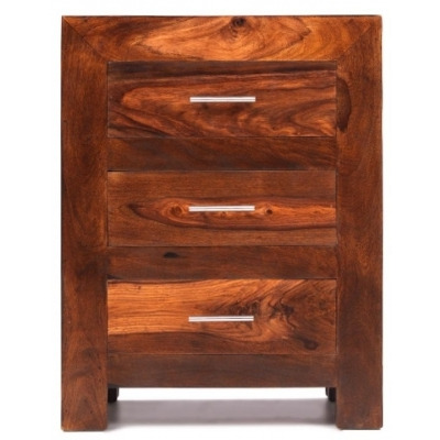 Cube Honey Lacquered Sheesham Bedside Cabinet, 3 Drawers - image 1
