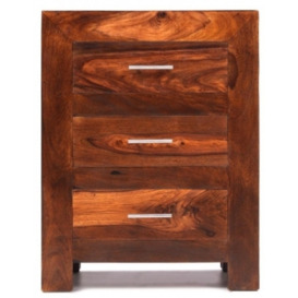Cube Honey Lacquered Sheesham Bedside Cabinet, 3 Drawers - thumbnail 1