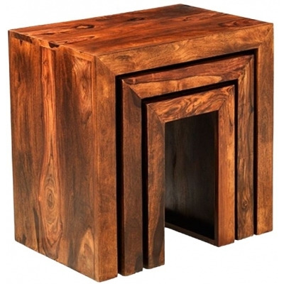 Cube Honey Lacquered Sheesham Nest of Tables, Set of 3 - image 1