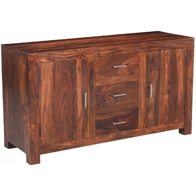Cube Honey Lacquered Sheesham Medium Sideboard, 133cm W with 2 Doors and 3 Drawers - image 1