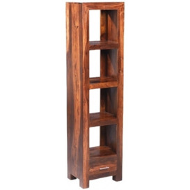 Cube Honey Lacquered Sheesham Slim Jim Bookcase, 177cm Tall Bookshelf with 1 Storage Drawer - thumbnail 1