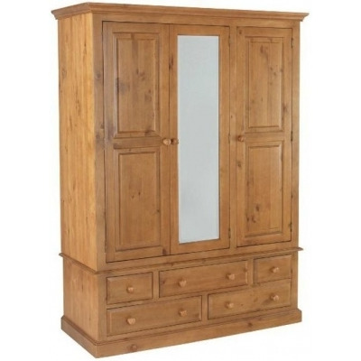 Henbury Lacquered Pine Combi Wardrobe, 3 Doors Mirror Front with 5 Drawers - image 1