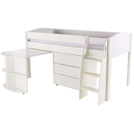 Stompa White Mid Sleeper with Pull Out Desk and 1 Drawer Chest