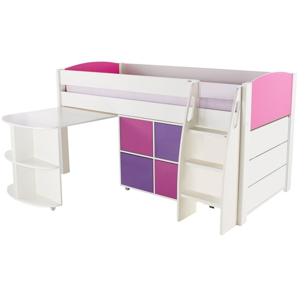 Stompa Pink Mid Sleeper with Pull Out Desk and 1 Multi Cube with 1 Drawer Chest