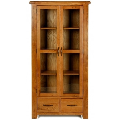 Arles Oak Glazed Display Cabinet, 2 Glass Doors and 2 Bottom Storage Drawers - image 1