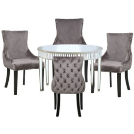Apollo Champagne Gold Mirrored Round Dining Table and 4 Tufted Back Grey Chair