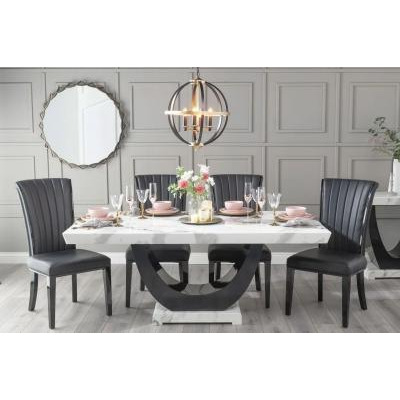 Madrid Marble Dining Table Set for 6 to 8 Diners 180cm Rectangular White Top with Black Gloss U - Shaped Pedestal Base - Cadiz Chairs - image 1