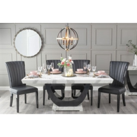 Madrid Marble Dining Table Set for 6 to 8 Diners 180cm Rectangular White Top with Black Gloss U - Shaped Pedestal Base - Cadiz Chairs