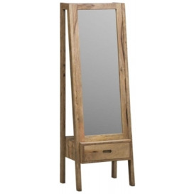 Clearance - Mid Century Solid Mango Wood Cheval Standing Mirror, Light Natural Rustic Finish with Bottom Storage - thumbnail 1