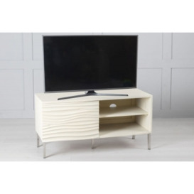 Clearance - Wave Mango Wood TV Unit, Bone White Ripple Pattern 100cm Wide, Stand Upto 32in Plasma - 1 Door with 2 Shelf - thumbnail 1