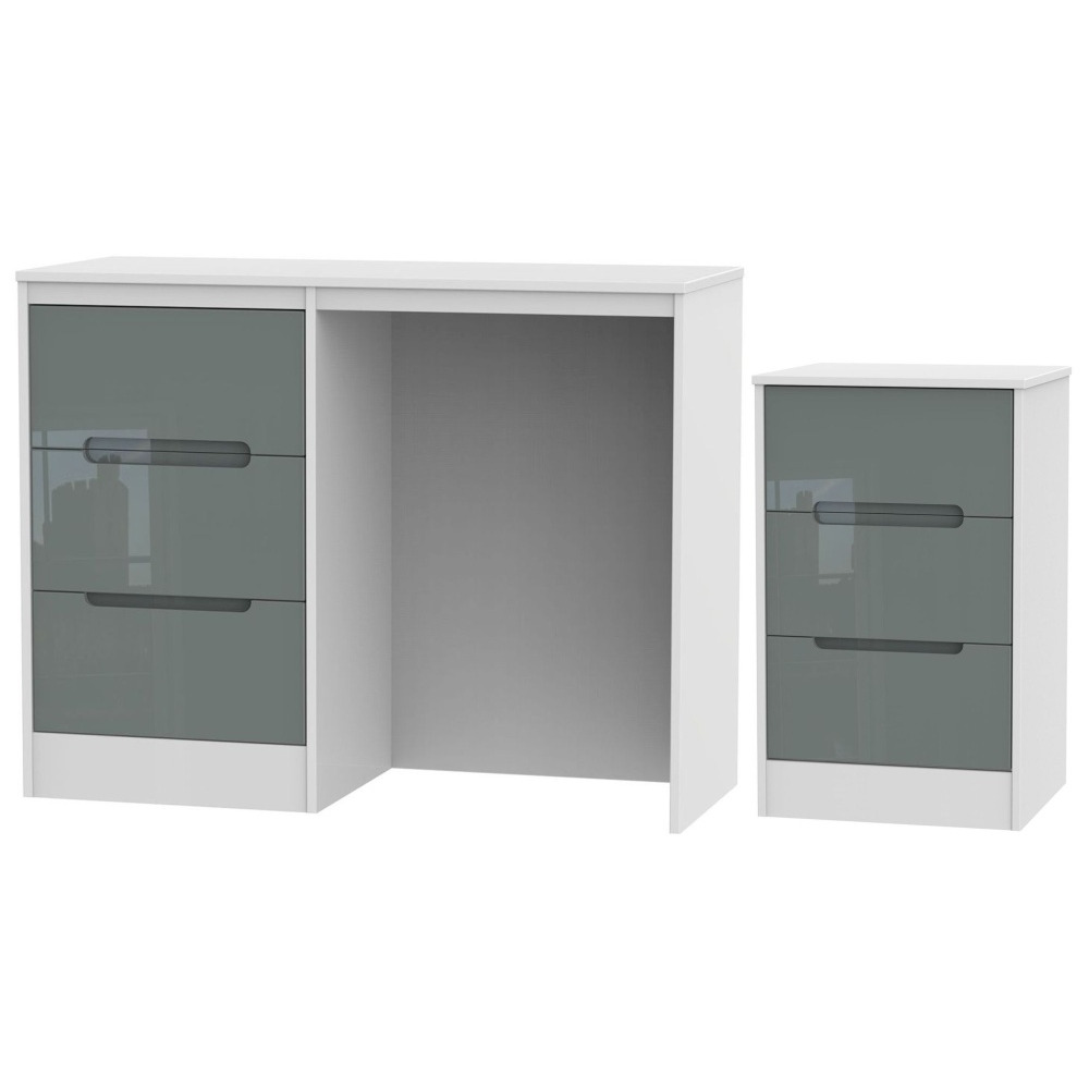 Monaco High Gloss Grey and White 2 Piece Bedroom Set with 3 Drawer Bedside