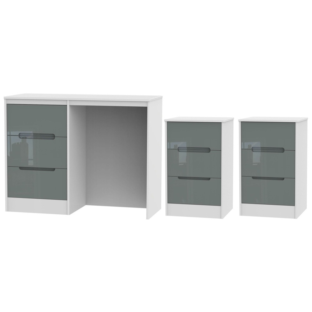 Monaco High Gloss Grey and White 3 Piece Bedroom Set with 3 Drawer Bedside