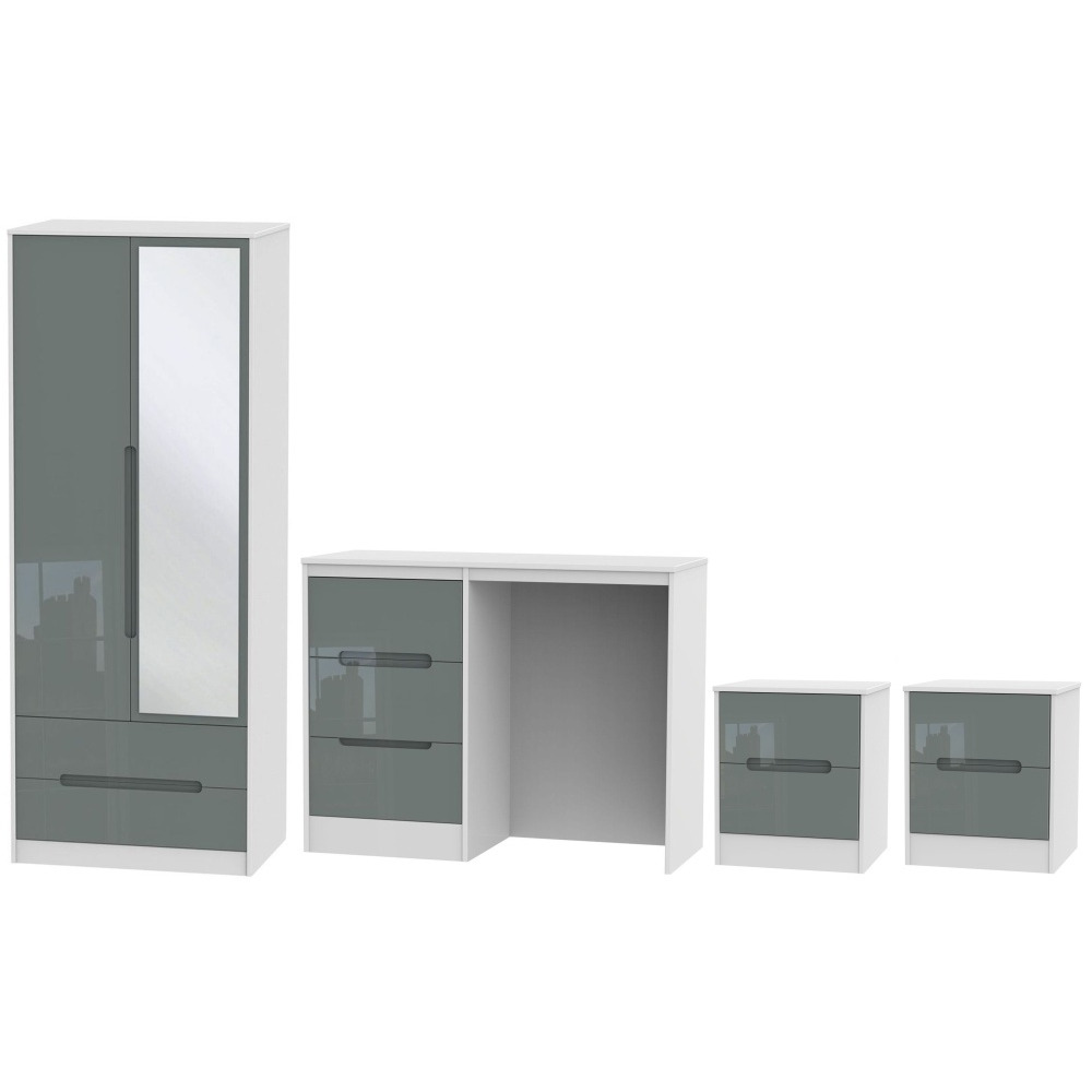 Monaco High Gloss Grey and White 4 Piece Bedroom Set with 2 Door Mirror Wardrobe
